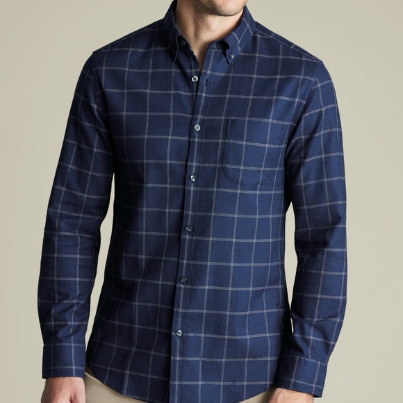 Charles Tyrwhitt Ink Blue Non-Iron Twill Windowpane Check Shirt - Picture 2 of 4